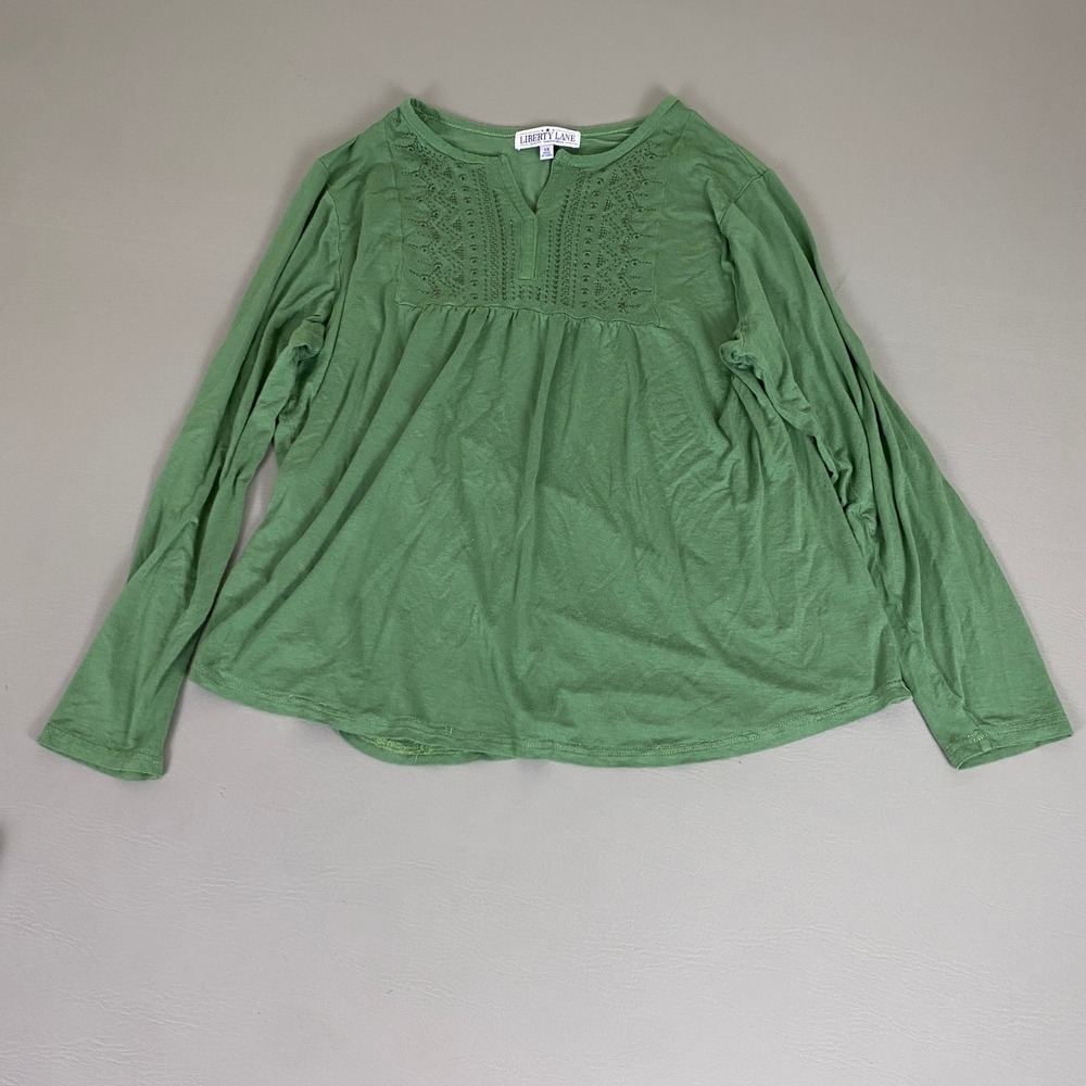 Vintage Liberty Lane Tunic Top‎ Blouse 1X Green Embroidered V-Neck Long Sleeve